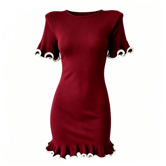 Retro burgundy color-blocked ruffled knit pencil skirt