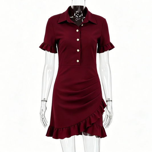 Sophisticated burgundy shirt-collar dress with a fitted waist and ruffled hem