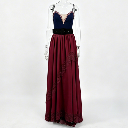 Women Burgundy Lace Slip Evening Gown