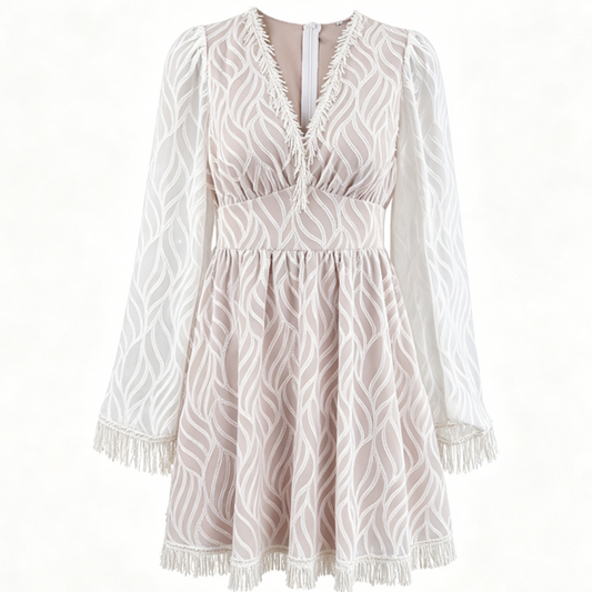White Lace Overlay V-Neck Flare Sleeve Fringe Trim Mini Dress