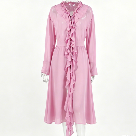 Women's Sheer Chiffon Long Sleeve Ruffle Front Tie Waist Dress