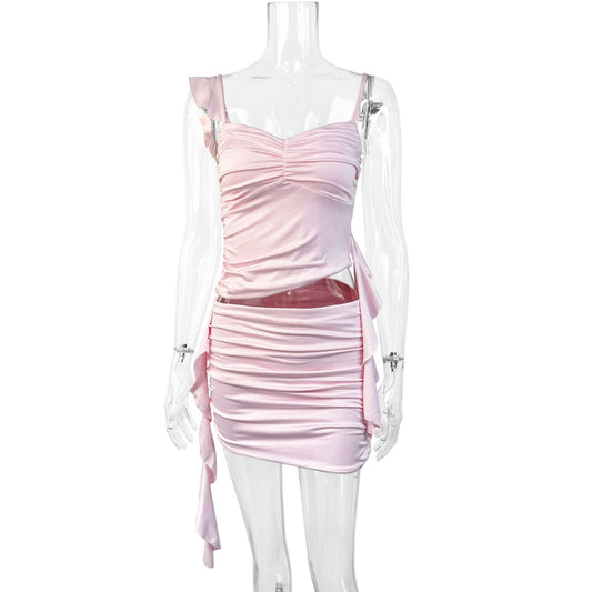 Pink Ruffle Ruched Two-Piece Cami Dress