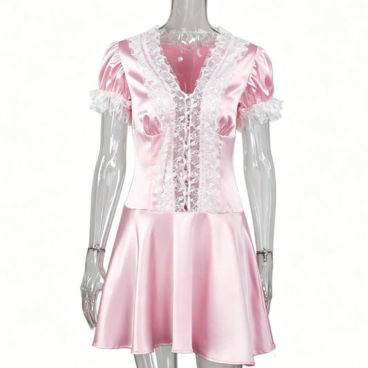 Soft Pink Satin Lace Trim Puff Sleeve Party Mini Dress