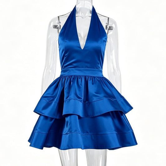 Royal Blue Satin Halter Neck Tiered Ruffle Mini Dress