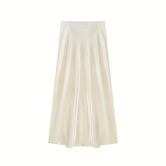 Women's Ivory Satin High Waist Flowy Midi Skirt