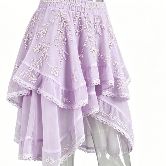 Women Purple Lace Ruffle Skirt